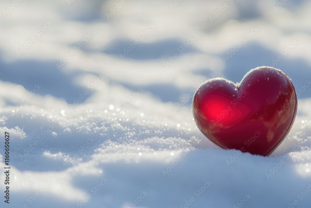 Fototapeta premium A single red heart sits atop snowy terrain, isolated and serene