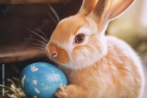 A small rabbit holds a blue Easter egg, suitable for spring or holiday themes photo