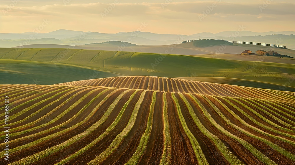 A vast agricultural field with rows of crops, a clear sky overhead, and distant farmhouses A vast agricultural field with rows of crops, a clear sky overhead, and distant farmhouses