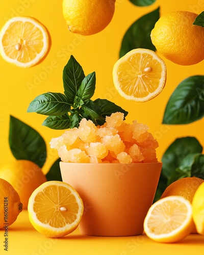 Italian lemon granita served with a sprig of basil, scenic Amalfi Coast cliffs, a zesty and refreshing dessert photo