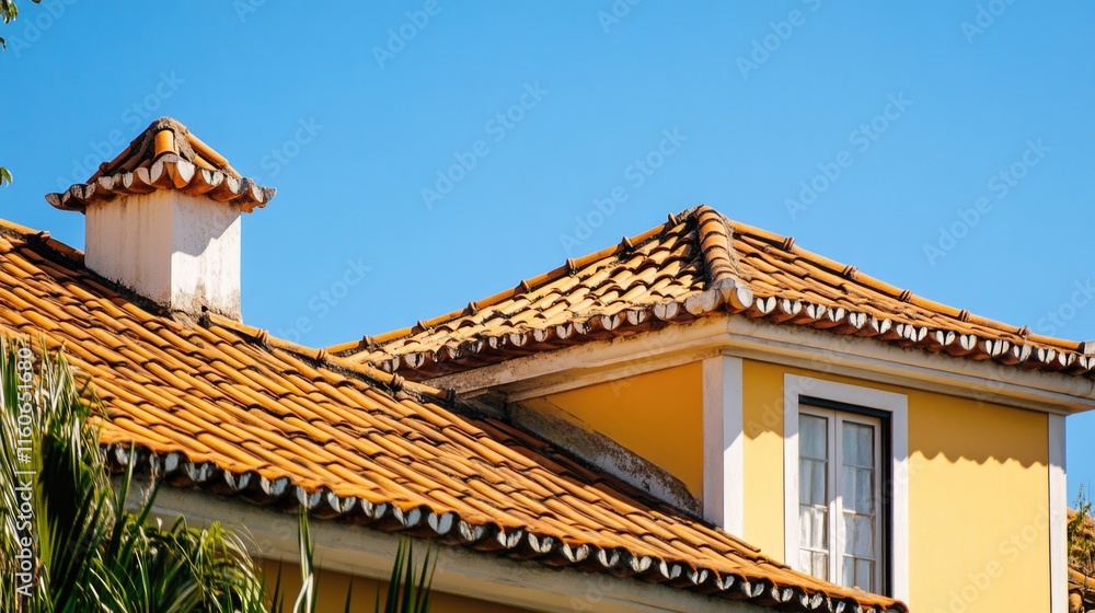 A bright yellow house with a red roof and a white window, perfect for architectural or design use A bright yellow house with a red roof and a white window, perfect for architectural or design use