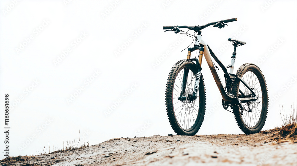 Fototapeta premium A mountain bike with sturdy wheels stands on a hilltop with a view of the clear sky