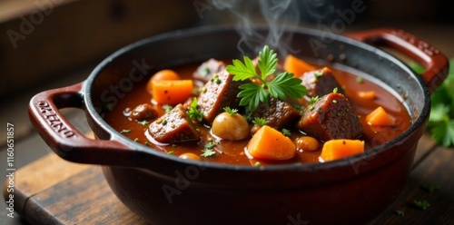 Hearty beef stew simmering in a rustic cast iron pot, beef stew, comfort food