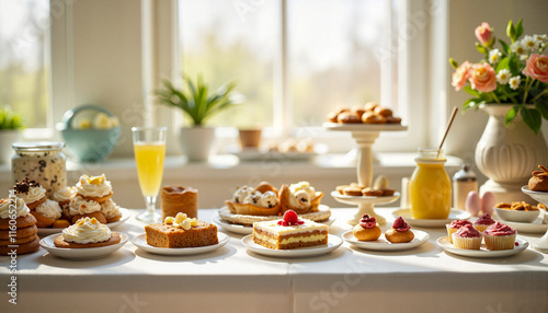 Wallpaper Mural Easter dessert table with various cakes, pastries, and refreshing drinks in bright light Torontodigital.ca