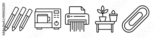 Line Icons of Office Essentials and Decor -  Minimalistic line icons featuring office essentials, including pens, a microwave, paper shredder, desk plants, and a paperclip.