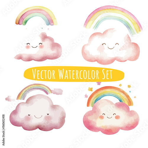 Watercolor Clouds with Rainbow, Pastel Illustration Set