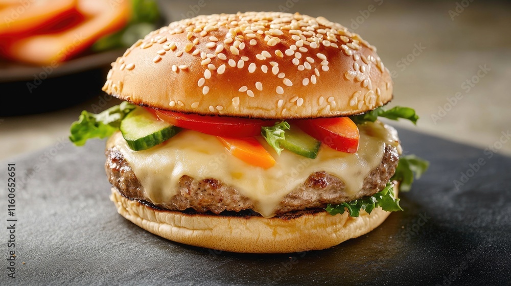 A classic cheeseburger topped with crisp lettuce and juicy tomato A classic cheeseburger topped with crisp lettuce and juicy tomato
