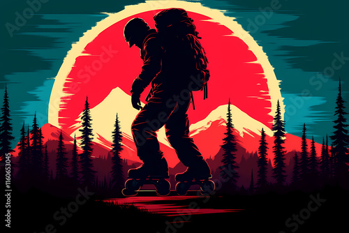 Stilisierte Illustration eines Rollerskaters mit Rucksack vor einer Berglandschaft bei Sonnenuntergang
 photo