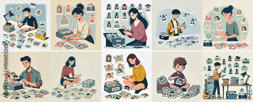 Vector set of a teenager arranging old photos in a simple flat design style.