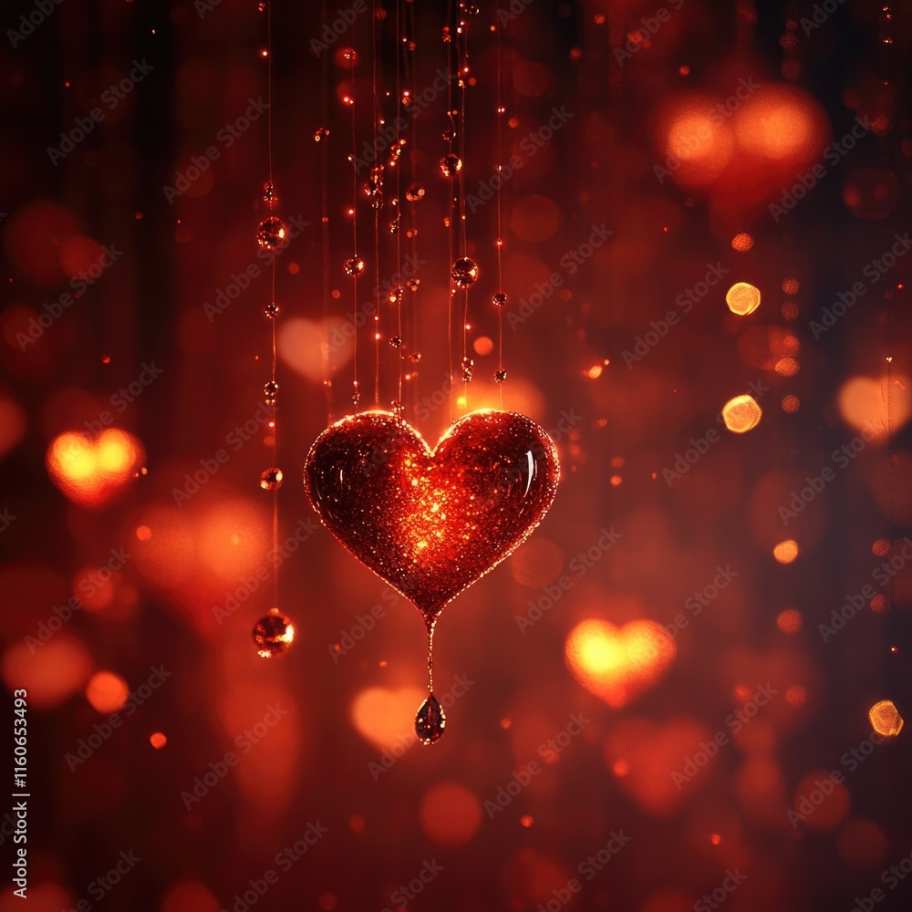 A single red heart hanging from a string against a blank background A single red heart hanging from a string against a blank background