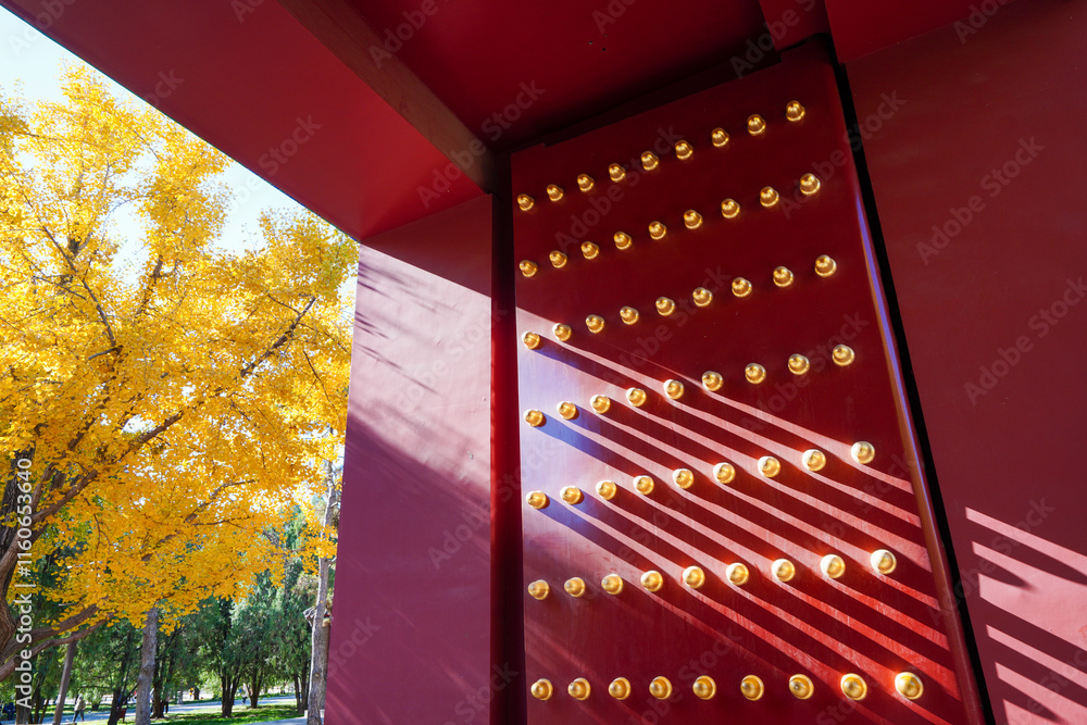 Beijing Ditan Park Palace Gate and Ginkgo Leaf