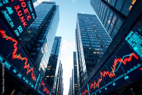 High-rise buildings with digital screens displaying stock market charts and graphs, economic activity, financial hub photo