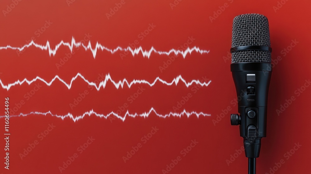 Fototapeta premium Sleek Black Microphone with Soundwave on Bold Red Background