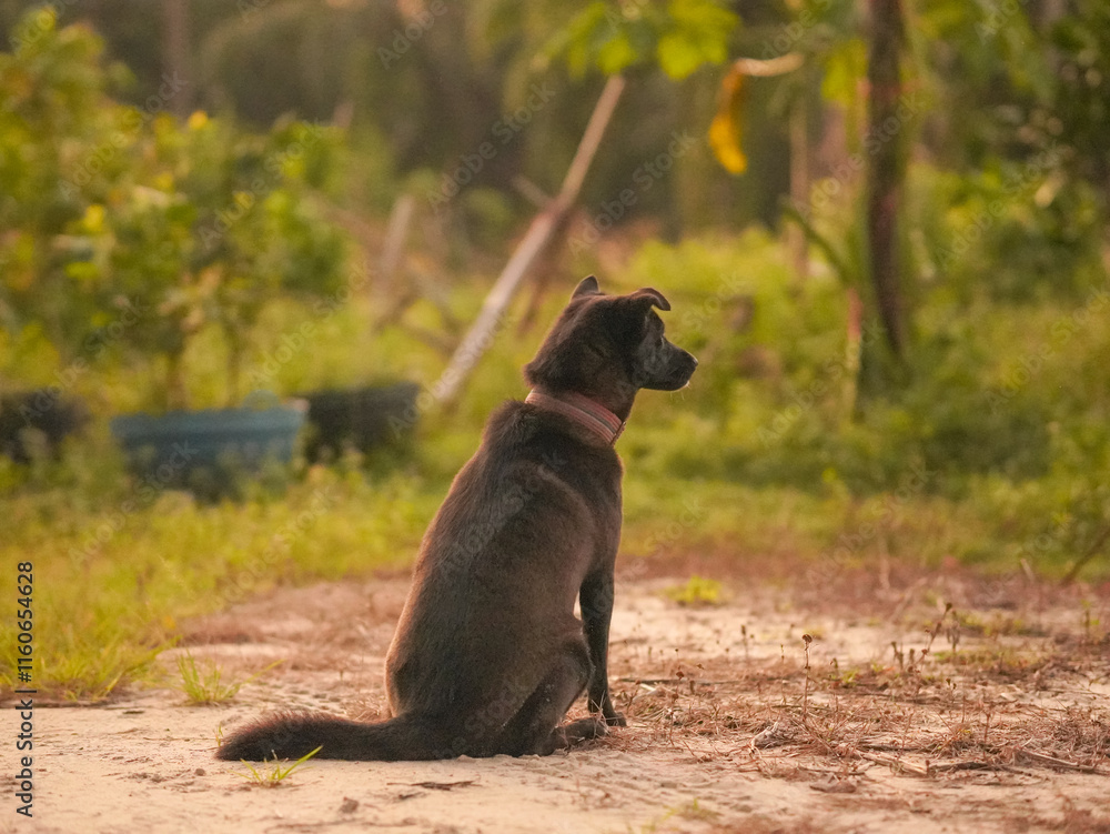 Pets, black dogs, sleeping, playing, sitting in the grass area in the evening. Pets, guard dogs. Dog in the green backyard Pets, black dogs, sleeping, playing, sitting in the grass area in the evening. Pets, guard dogs. Dog in the green backyard