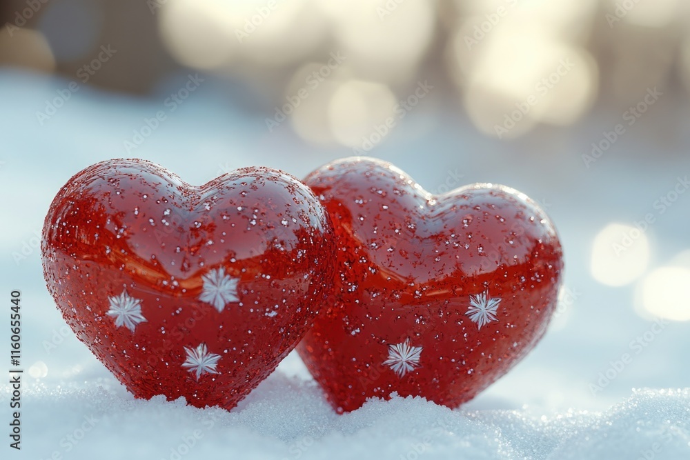 Fototapeta premium Two small red hearts sit atop a snowy surface, a romantic gesture in winter