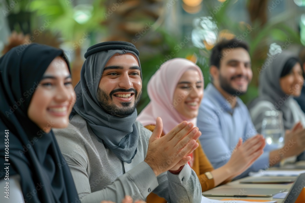 Fototapeta premium Male leader praises Arab colleague at meeting diverse coworkers support.