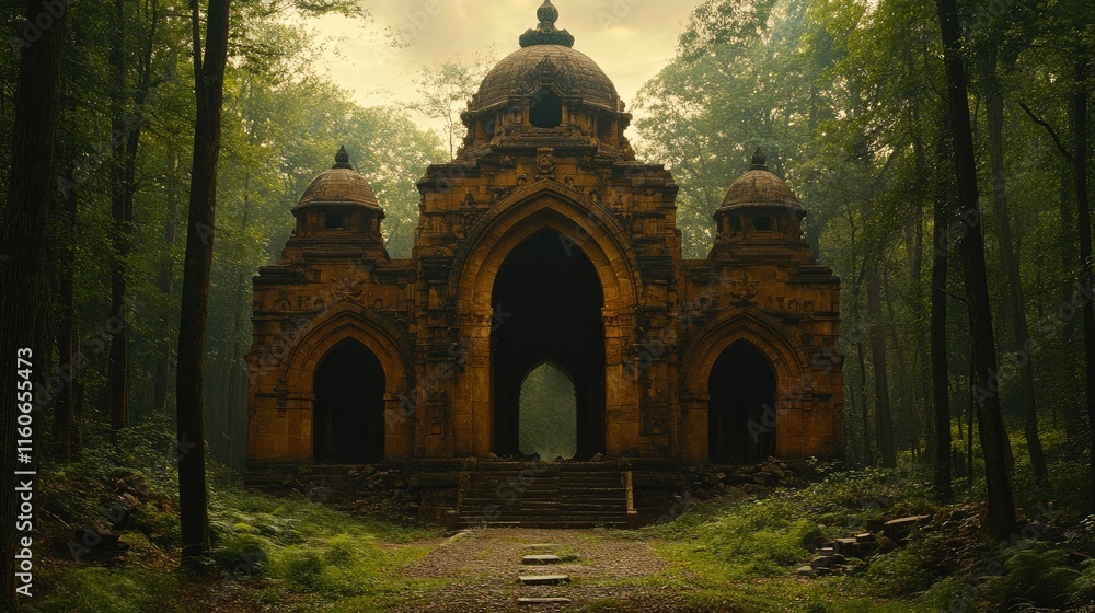 Obraz premium Mystical stone structure nestled in a lush forest, path leading to its arched entrance.