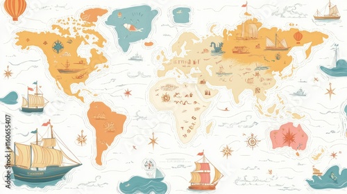 Fototapeta Naklejka Na Ścianę i Meble -  Whimsical world map illustration with ships and sea creatures.