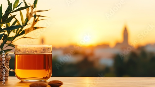 Moroccan mint tea served with almond pastries, Marrakech rooftop view, culturally infused summer refreshment photo