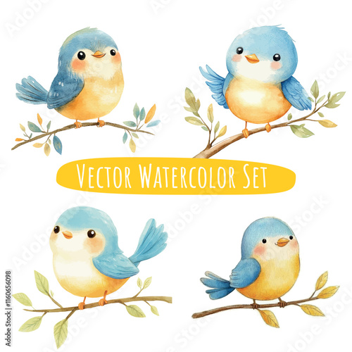 Watercolor Blue Bird Illustrations   Vector Set