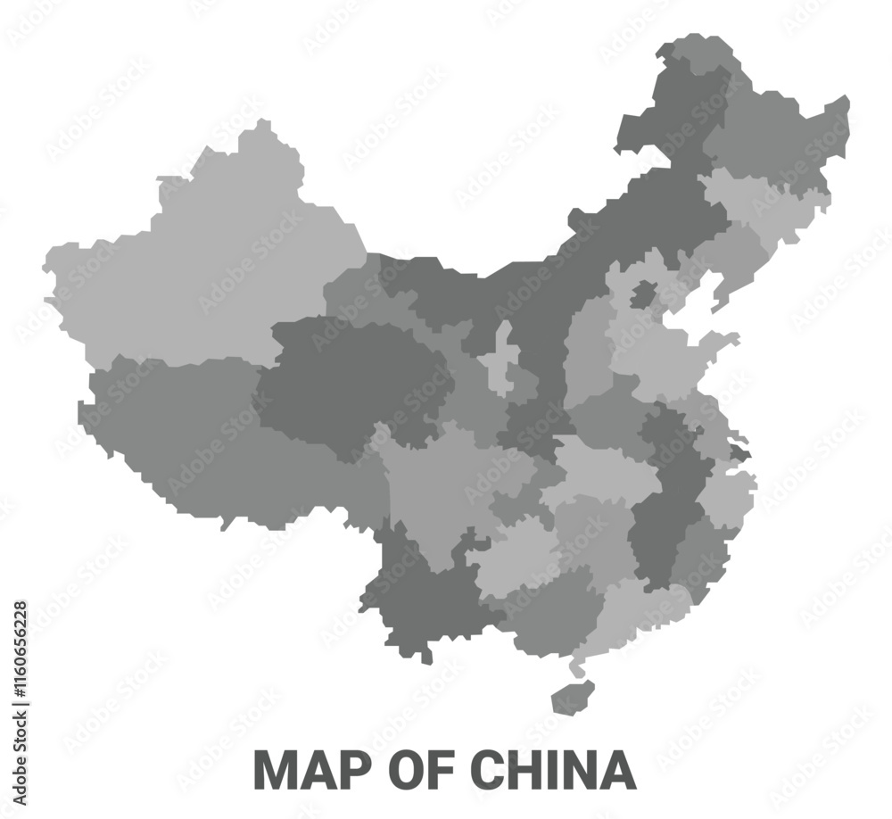 China Greyscale political map simple flat illustration China Greyscale political map simple flat illustration