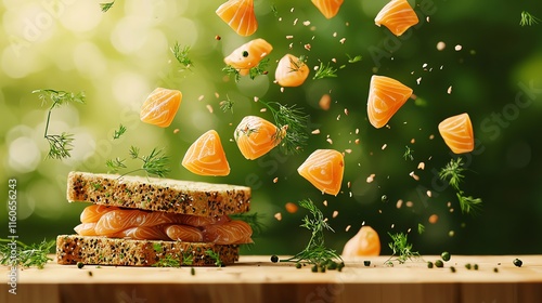 Nordic openfaced sandwich with smoked salmon and dill, Scandinavian fjord view, light and minimalist summer meal photo