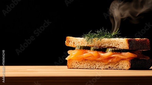 Nordic openfaced sandwich with smoked salmon and dill, Scandinavian fjord view, light and minimalist summer meal photo