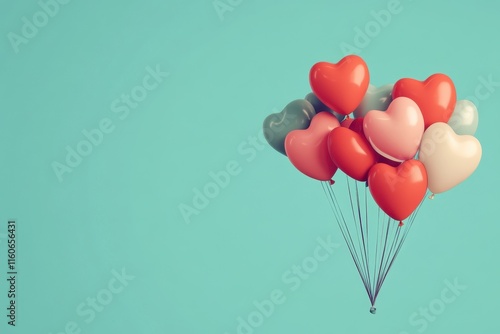 Vibrant heart-shaped cluster of colorful balloons against a clear blue sky, symbolizing love and celebration.