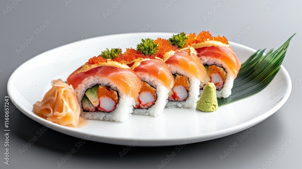 Colorful sushi rolls with garnishes on a white plate. Colorful sushi rolls with garnishes on a white plate.