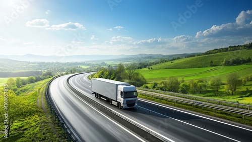 Photorealistic view of a self-driving electric truck on a highway surrounded by green landscape
