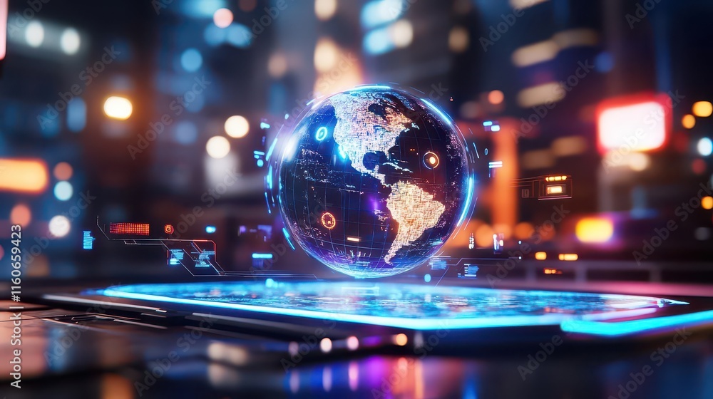 In the midst of the holographic Earth, AI interfaces, data points, and UI elements gleam with a mesmerizing blue light. In the midst of the holographic Earth, AI interfaces, data points, and UI elements gleam with a mesmerizing blue light.