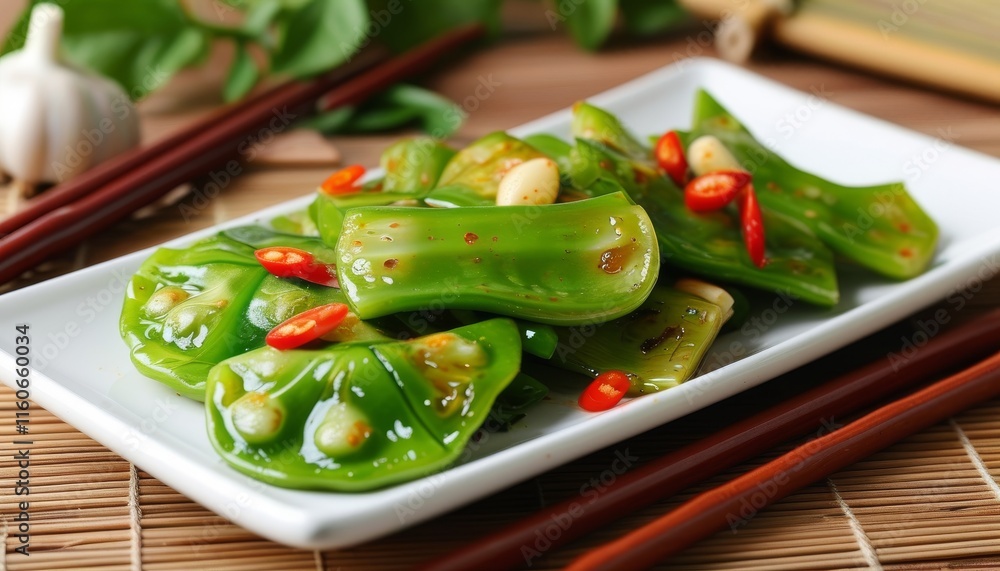 Fresh and Colorful Stir Fried Green Peppers with Spices in Upscale Presentation Fresh and Colorful Stir Fried Green Peppers with Spices in Upscale Presentation
