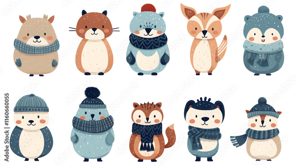 Fototapeta premium Adorable Winter Animals with Scarves and Hats