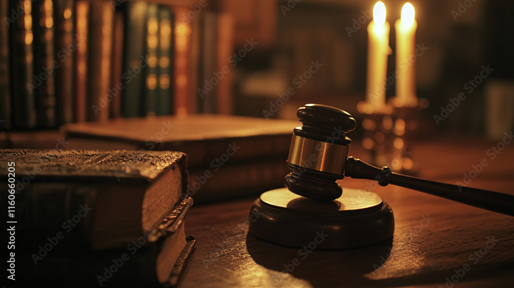 Close-up of a justice gavel on a desk, warm wooden tones, dim atmospheric lighting, books in the background, representing ethical decision-making in law Close-up of a justice gavel on a desk, warm wooden tones, dim atmospheric lighting, books in the background, representing ethical decision-making in law