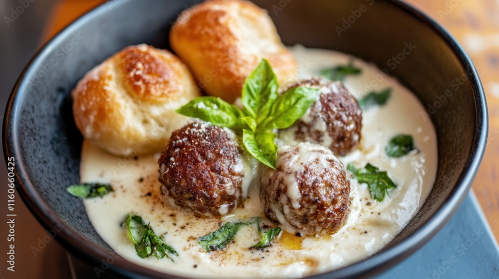Creamy Meatballs with Fresh Herbs and Soft Bread Rolls in Bowl