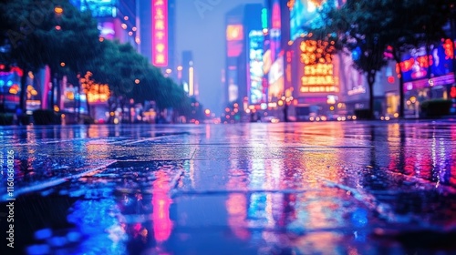 Wallpaper Mural Rain-slicked city street at night, vibrant neon reflections on wet pavement. Torontodigital.ca