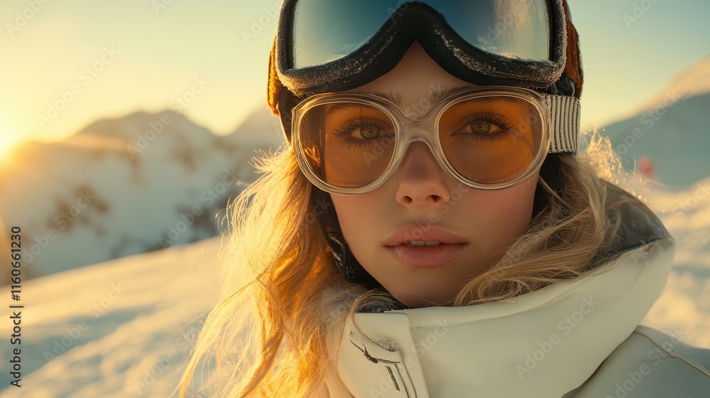Blonde woman enjoying snowboarding in a beautiful winter landscape at sunset Blonde woman enjoying snowboarding in a beautiful winter landscape at sunset