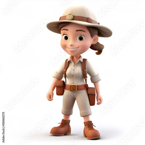 3D rendered illustration of a smiling cartoon explorer woman wearing a safari outfit and pith helmet photo