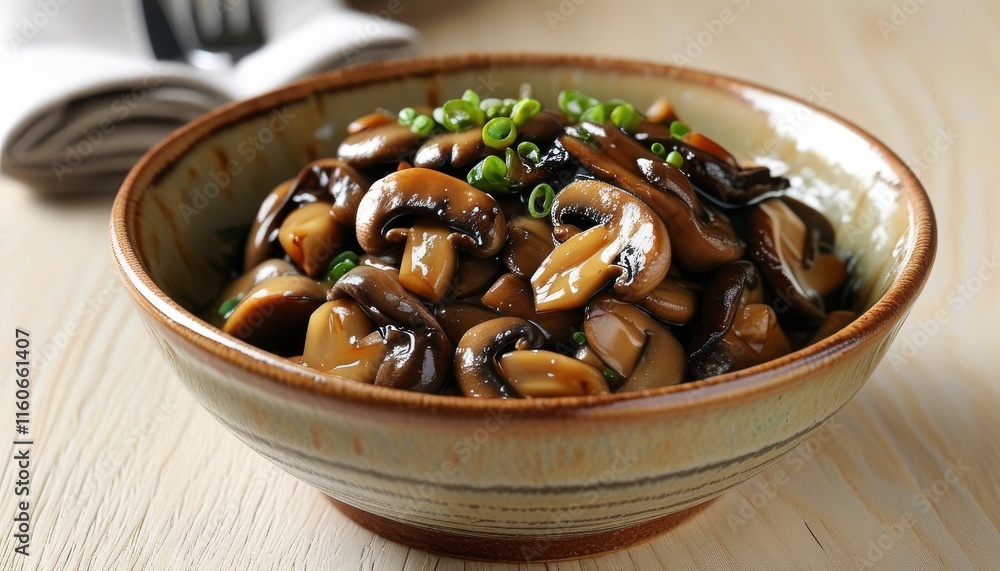 Fototapeta premium Delicious stir-fried pad mushrooms with green onion in a rustic bowl, perfect for culinary delights