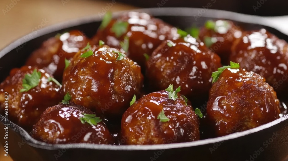 Delicious Meatballs Glazed with Tangy Sauce in Cast Iron Skillet Delicious Meatballs Glazed with Tangy Sauce in Cast Iron Skillet