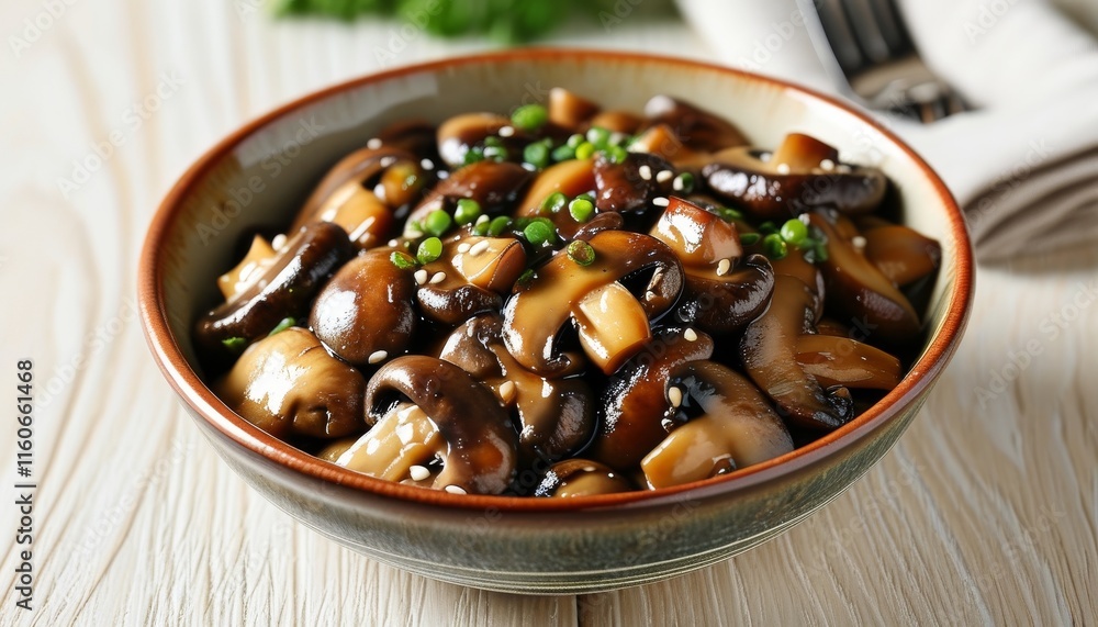 Deliciously Stir-Fried Mushrooms with Topaz Sauce and Garnish in Upscale Presentation Deliciously Stir-Fried Mushrooms with Topaz Sauce and Garnish in Upscale Presentation