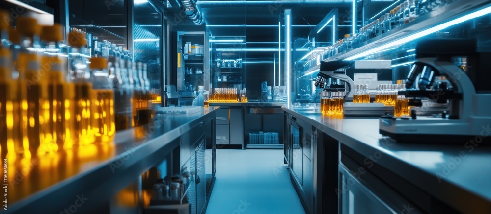 Fototapeta premium Modern laboratory interior with glowing chemicals and microscopes.