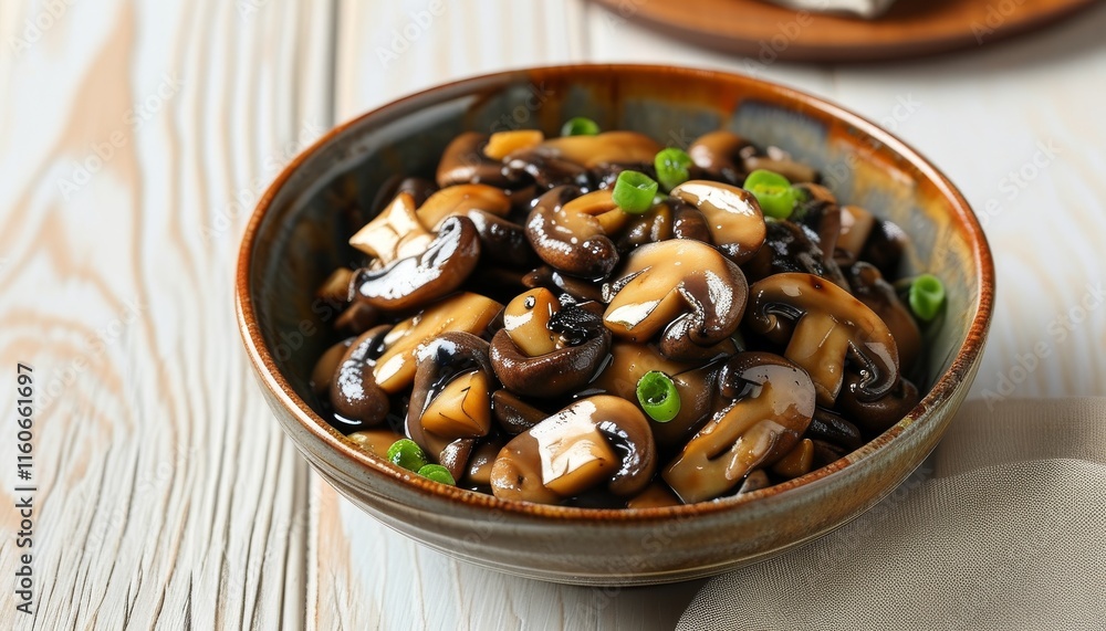 Stir Fried Mushrooms with Green Onions in Upscale Dish on Wooden Table Stir Fried Mushrooms with Green Onions in Upscale Dish on Wooden Table