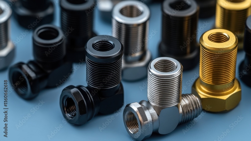 Diverse Selection of Metal Connectors and Fittings on Blue Surface Diverse Selection of Metal Connectors and Fittings on Blue Surface