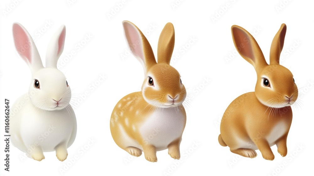 Fototapeta premium Three rabbits sit side by side, companionship and friendship
