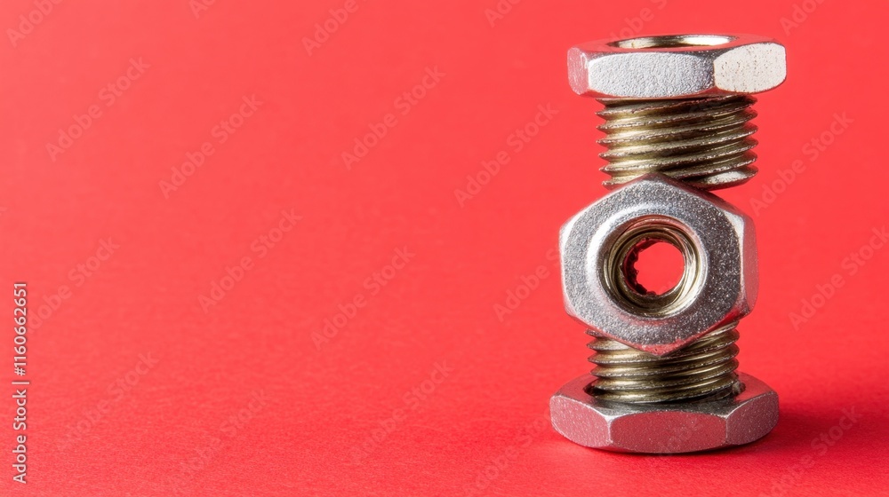 Metallic Fastener Stacked on Red Background with Unique Design Metallic Fastener Stacked on Red Background with Unique Design