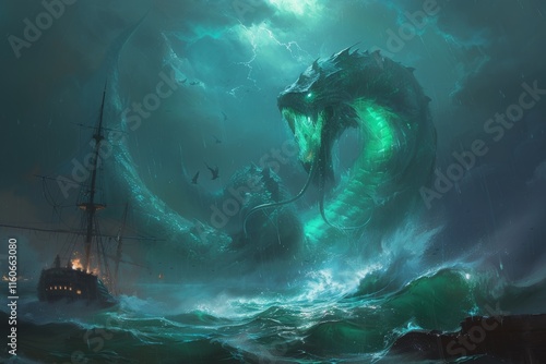 Mysterious sea creature emerges from stormy waters to confront a ship at night