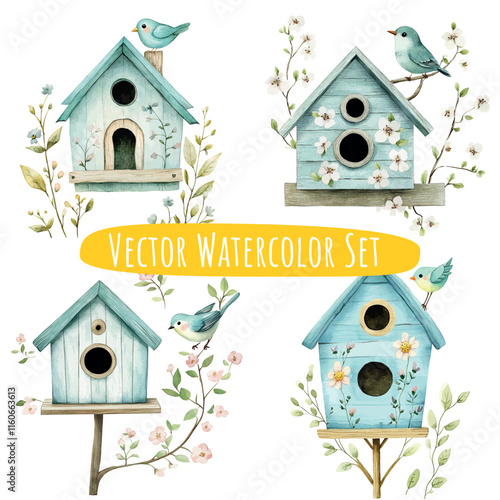 Watercolor Birdhouses with Birds   Whimsical Illustration Set