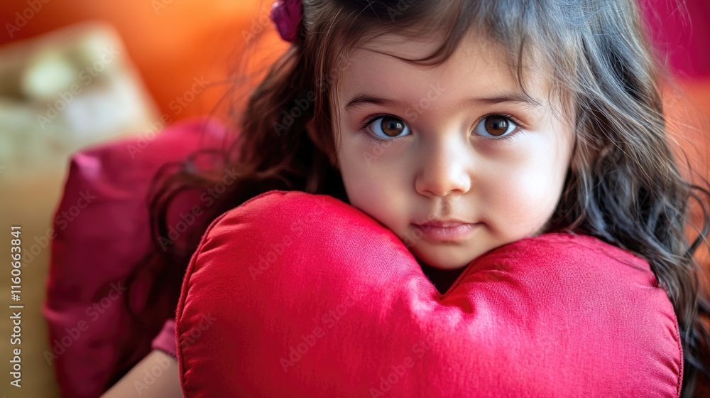A young girl holds a heart-shaped pillow, a symbol of comfort and love A young girl holds a heart-shaped pillow, a symbol of comfort and love