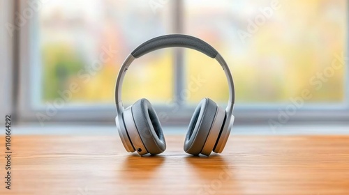 A widescreen shot of sleek, modern over-ear headphones resting on a wooden desk with a clean